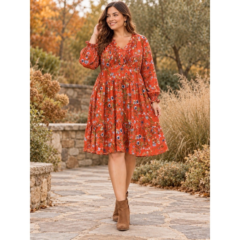 Terra & Sky 3X Orange Floral Tiered Dress Long Sleeve Boho Plus Size 24W 26W